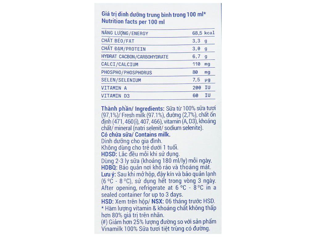 Sữa Tươi Tiệt Trùng Vinamilk Ít Đường 1L (Hộp) 2