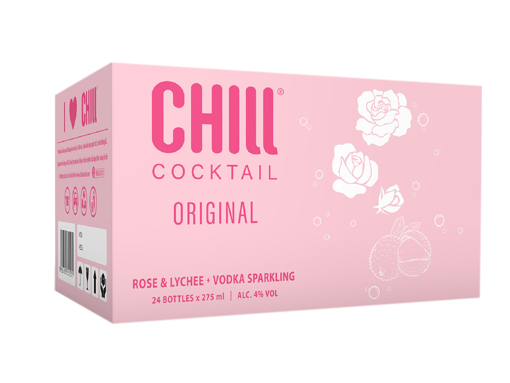 Thùng 24 lon nước trái cây lên men Chill Rose Lychee Vodka vị vải hoa hồng 320ml