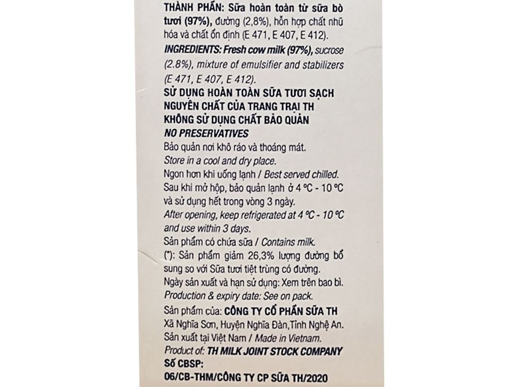 Sữa tươi tiệt trùng ít đường TH true MILK hộp 1 lít 3